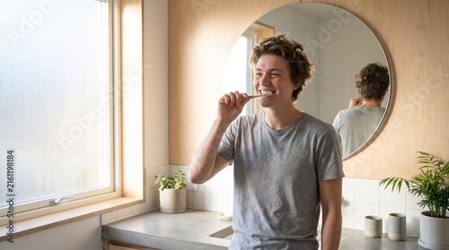 Young Adult Brushing Teeth in a Clean Modern Bathroom Morning Routine