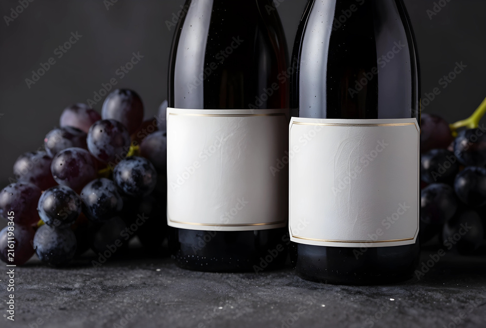 Naklejka premium Wine branding and product mockups, two dark bottles with blank labels and fresh grapes on a textured background