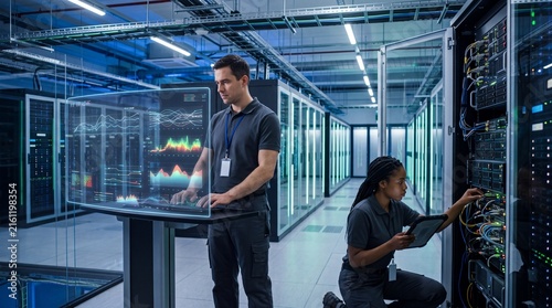 Two IT professionals working in a modern data center, analyzing data and managing servers with advanced technology.