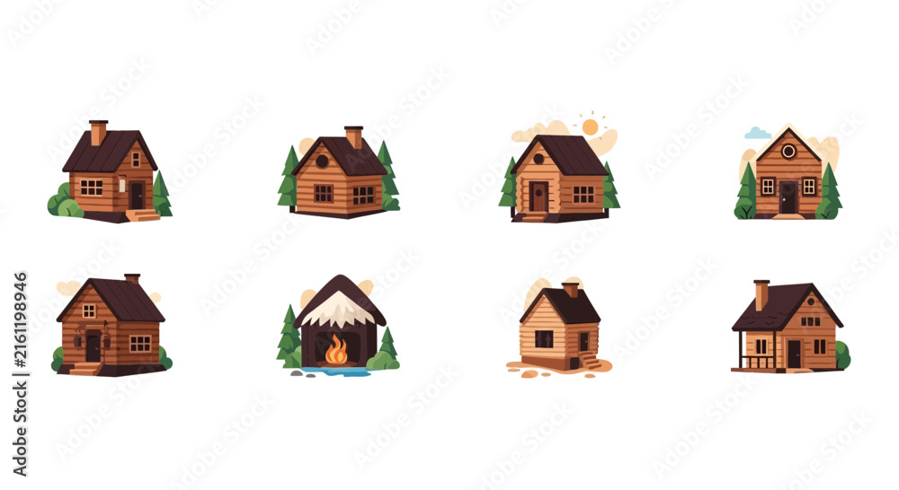 Naklejka premium Wooden log cabin icons for forest and mountain living