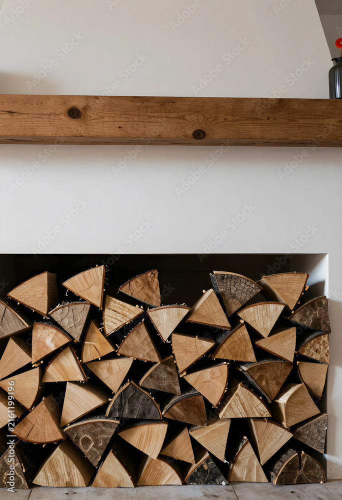 Fototapeta premium Sustainable home heating and cozy interior design, stacked firewood logs in a modern fireplace with a wooden mantel