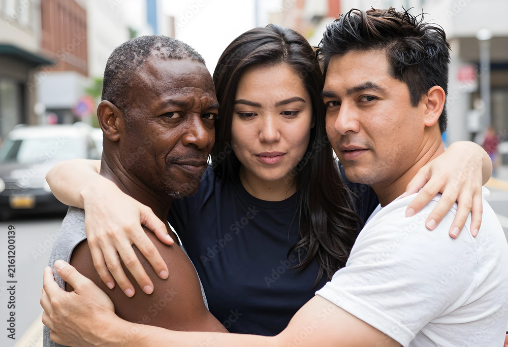 Obraz premium Diversity and inclusion in relationships, multi-ethnic group of three people embracing outdoors in an urban setting