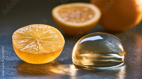 Lemon half beside glass sphere