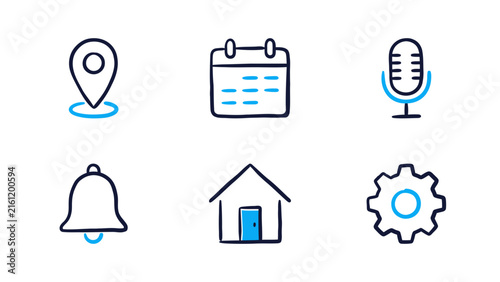 6 essential UI icons in a hand-drawn sketch style. Features location, calendar, microphone, bell, home, and gear symbols with blue accents on a white background.