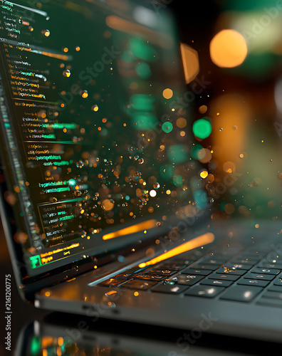 Futuristic laptop displaying abstract programming code with light particles