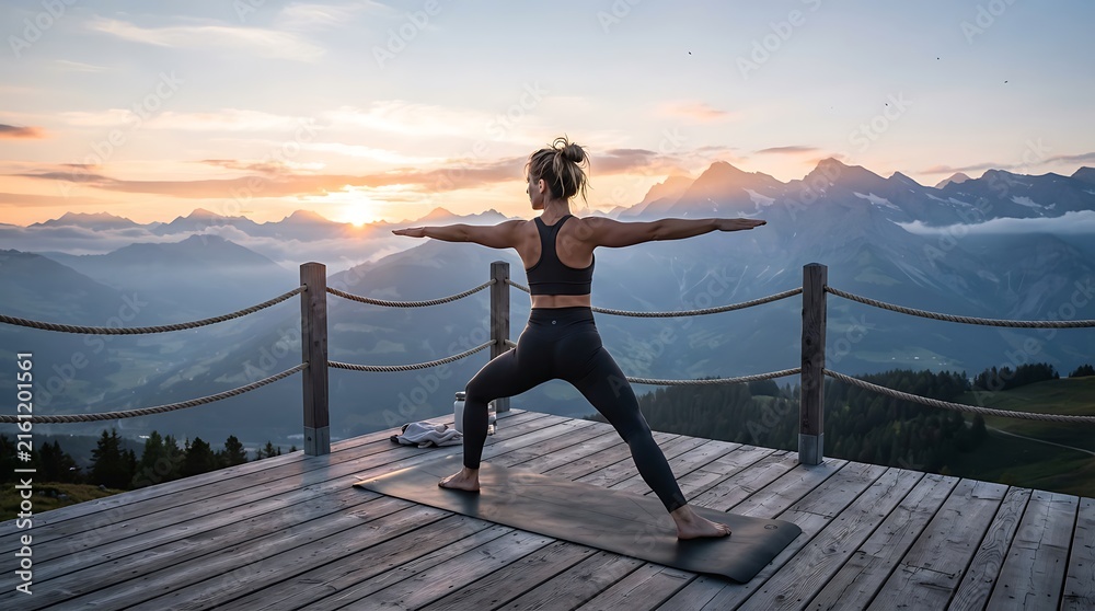 Fototapeta premium Woman practicing yoga in warrior pose on mountain deck at sunrise