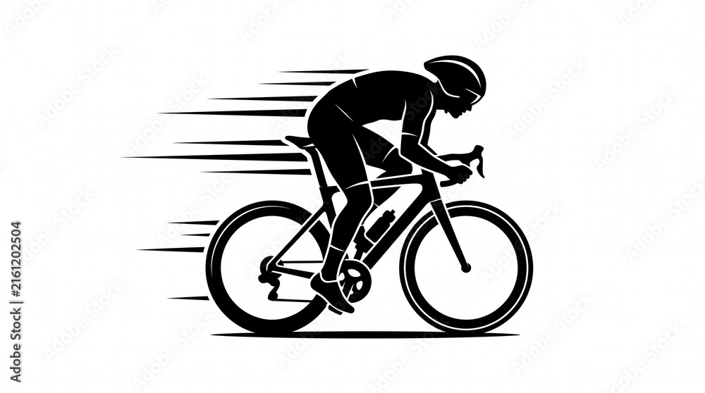 Naklejka premium Bicycle rider sprinting fast with black motion blur trails on a plain white background.