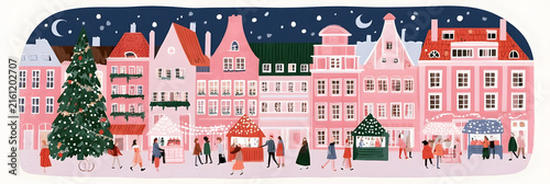 Colorful Christmas village market with pink houses, decorated tree, snowy streets and festive stalls under a dark winter sky.