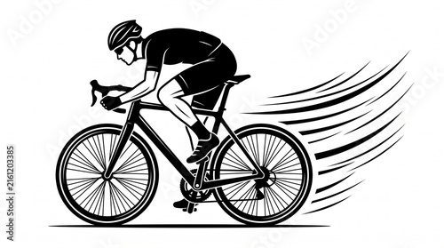 Road cyclist riding fast on a bicycle with dynamic speed lines trailing behind on white background.