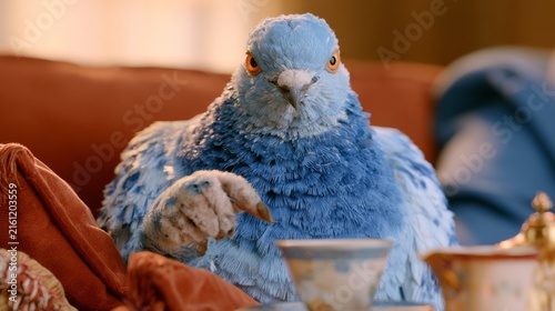 Pigeon relaxing with teacup