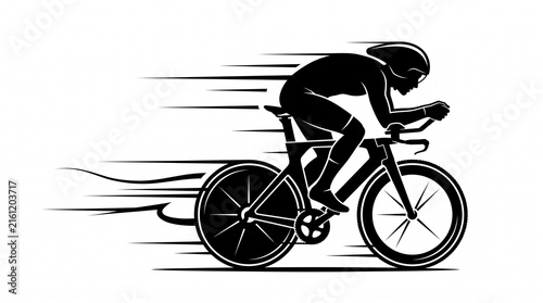 Triathlon cyclist riding a time trial bicycle with high speed motion streaks.