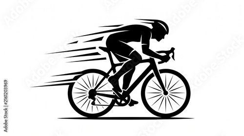 Road bike cyclist competes at full speed in a minimal black silhouette vector with horizontal motion lines.