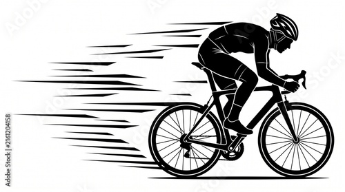 Cyclist rides a road bike at high speed, depicted as a black vector silhouette with motion trail lines on a white background.