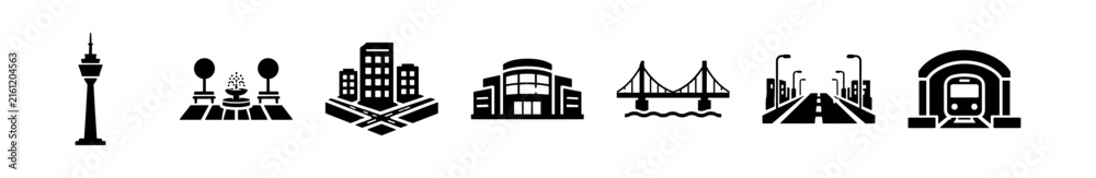 Fototapeta premium Urban Infrastructure Icons for Connectivity, Progress, Innovation, and Digital Transformation on transparent background