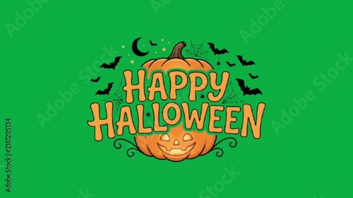 Happy Halloween Animated Greeting with Jack O Lantern, Bats and Spider Web on Green Screen