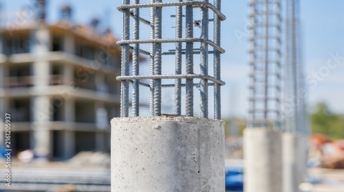 Building construction. Reinforced concrete columns with exposed steel rebar form the structural framework for a new building under construction.