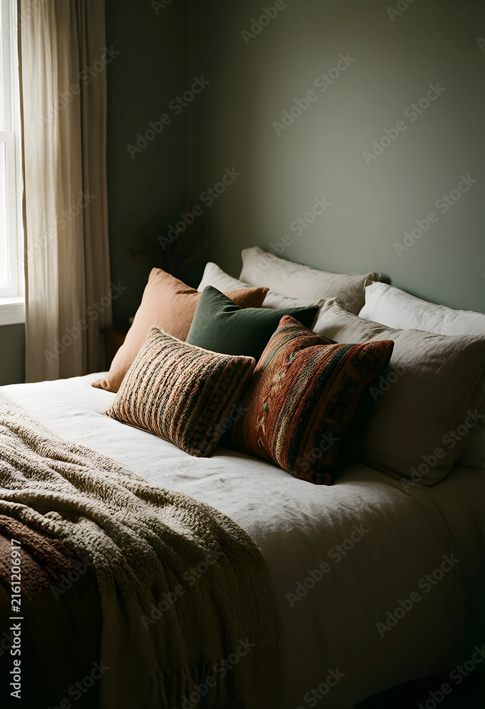 Fototapeta premium Cozy bedroom interior design with natural light, comfortable bedding, and decorative pillows for relaxation and home comfort