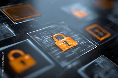 Digital security lock icon representing identity and access management concept within a secure data network.