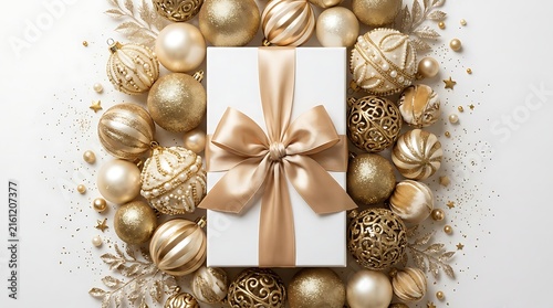 Golden Christmas ornaments surrounding white gift box with satin ribbon bow, luxurious holiday decor for festive season celebrations and New Year party.