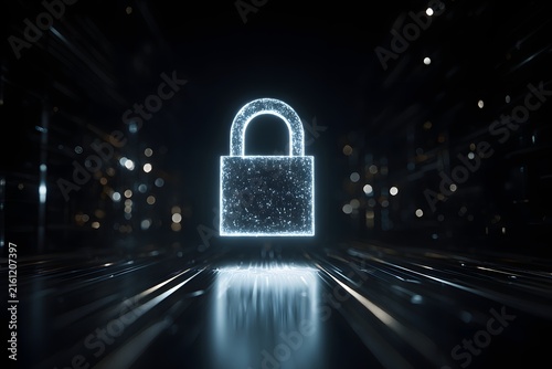 Glowing digital security lock floating above a futuristic network pathway, symbolizing data protection and online access.
