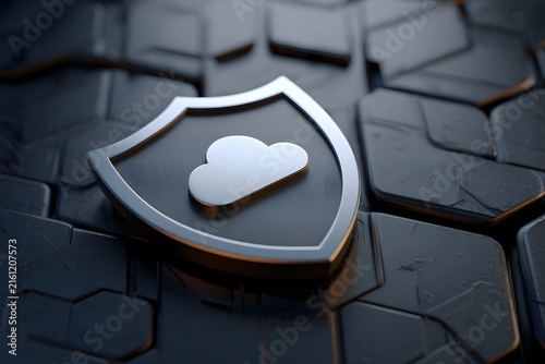 AI-powered cloud protection architecture featuring a metallic shield icon with a cloud symbol, representing digital security and data safeguarding concepts.
