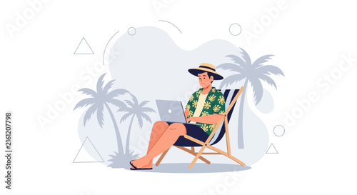 Man working on laptop on tropical beach lounger chair with palm trees and minimalist abstract shapes. Digital nomad concept.