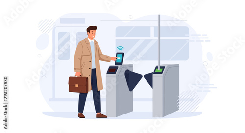 Man using smartphone for contactless payment at subway turnstile gate for public transport
