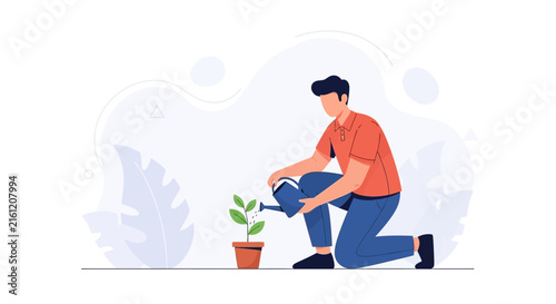 Man watering a small plant in a pot with a watering can, symbolizing growth, care, and environmentalism. Flat vector illustration.