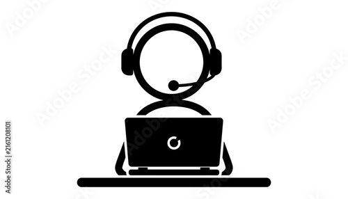 Customer service representative silhouette icon with headset working on laptop computer isolated on white background