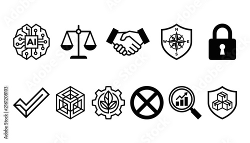 Business compliance and artificial intelligence governance icons set representing security ethics justice and operational risk management