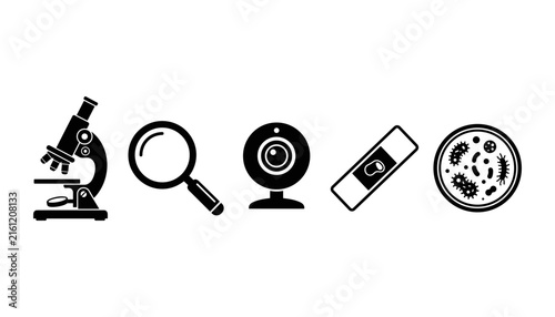 Laboratory science research equipment icons set including microscope and bacteria petri dish isolated on white background
