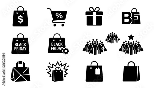 Black Friday commercial shopping collection with consumer crowds and promotional sale discount bag icons on white background