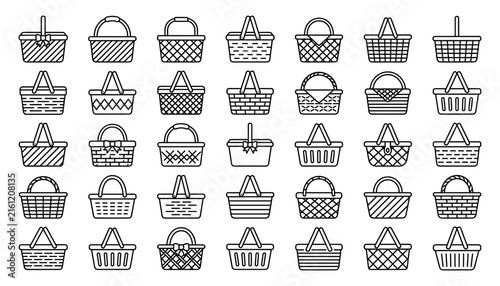 Wicker picnic basket line icons set with traditional woven patterns and handles isolated on white background