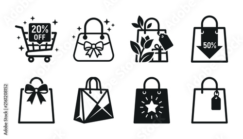 Shopping bag icons and retail cart silhouette set with discount tags isolated on white background for e-commerce