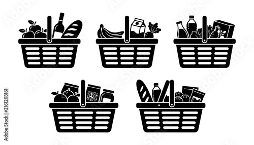 Shopping basket filled with grocery food products silhouettes set isolated on white background for supermarket retail design