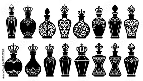 Vintage luxury perfume bottles silhouette collection with ornate crown caps isolated on white background for cosmetics design