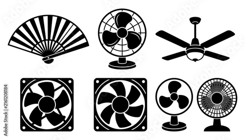 Black electric fan icons and hand folding fan silhouette set isolated on white background for ventilation design