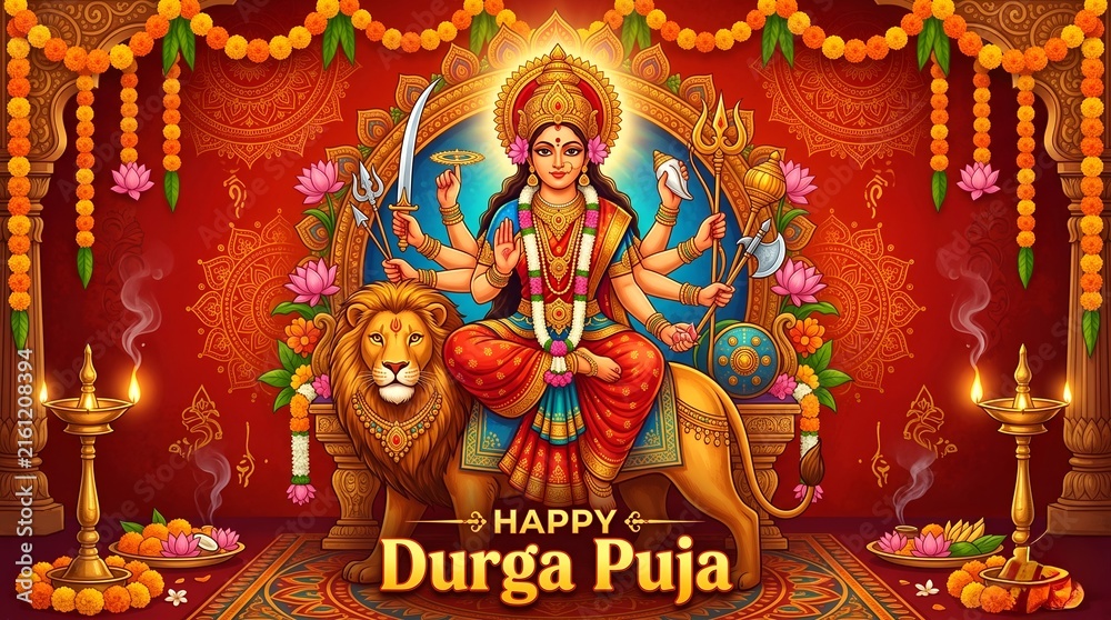 Fototapeta premium Goddess durga seated on her throne adorned with flowers and lights celebrating durga puja festival