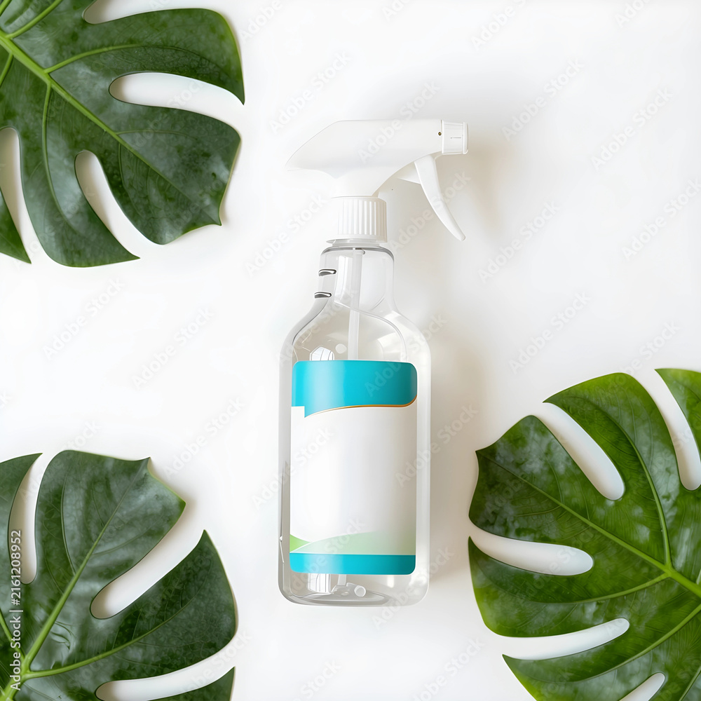 Naklejka premium Eco friendly cleaning products and sustainable home care, clear spray bottle with blank label and monstera leaves on white background