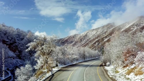 Scenic Winter Road Trip in Mountain Highway with Snow Covered Trees and Clear Blue Sky
