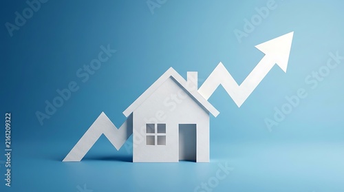 White house icon with upward trending arrow graph symbolizing real estate market growth and economic prosperity for investment success on blue background.
