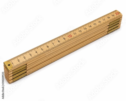 folding wooden ruler with brass joints and centimeter markings, realistic product photo in neutral lighting and horizontal composition emphasizing craftsmanship and vintage measuring tool design