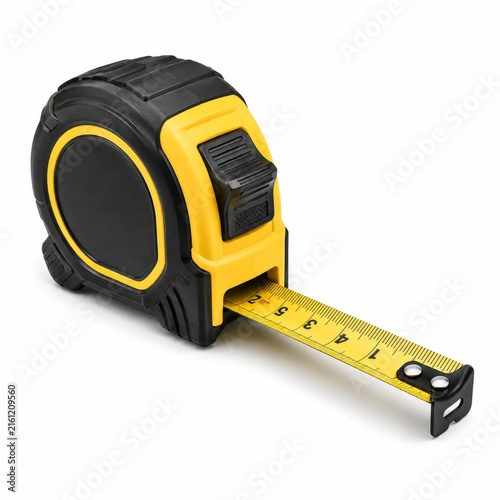 tape measure with black and yellow plastic casing and extended metal tape showing measurements, realistic product photo in neutral lighting and centered composition emphasizing precision and durabilit
