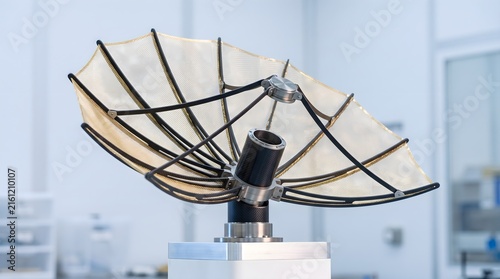 Deployable Parabolic Mesh Reflector Antenna on Carbon Fiber Pedestal in Cleanroom