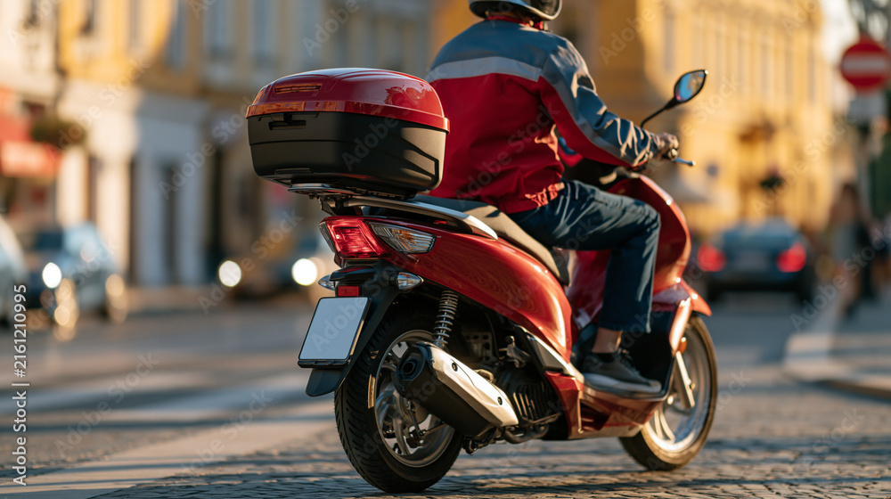Fototapeta premium rear view of a delivery person on a scooter bringing various food items through a bright town, back to camera, food delivery concept, logistics, urban, modern, bright, with copy