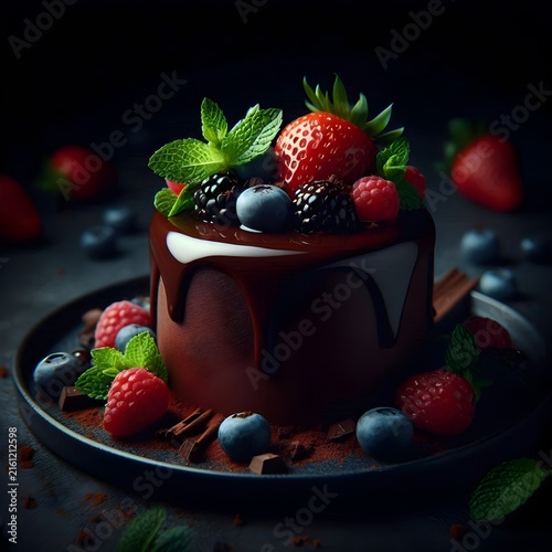 Decadent chocolate cake with mixed berries and chocolate sauce on a dark plate.