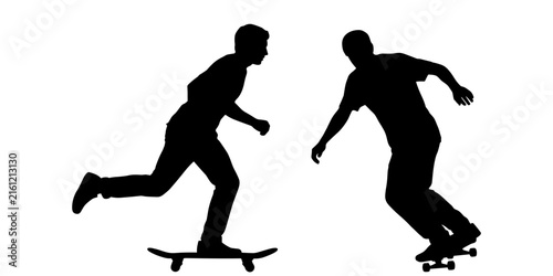 Two black silhouettes of young men riding skateboards on a white background skateboarding