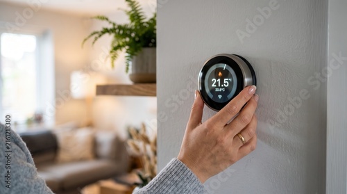 Hand adjusting a smart thermostat on a wall, representing modern home temperature control, HVAC automation and energy-efficient climate management.