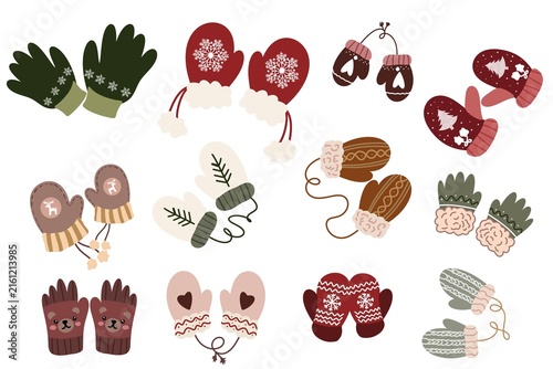 Obraz na płótnie Winter mittens and gloves big set with christmas ornaments isolated on white bac