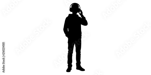 Black silhouette of a young man wearing a hoodie and large headphones on a white background